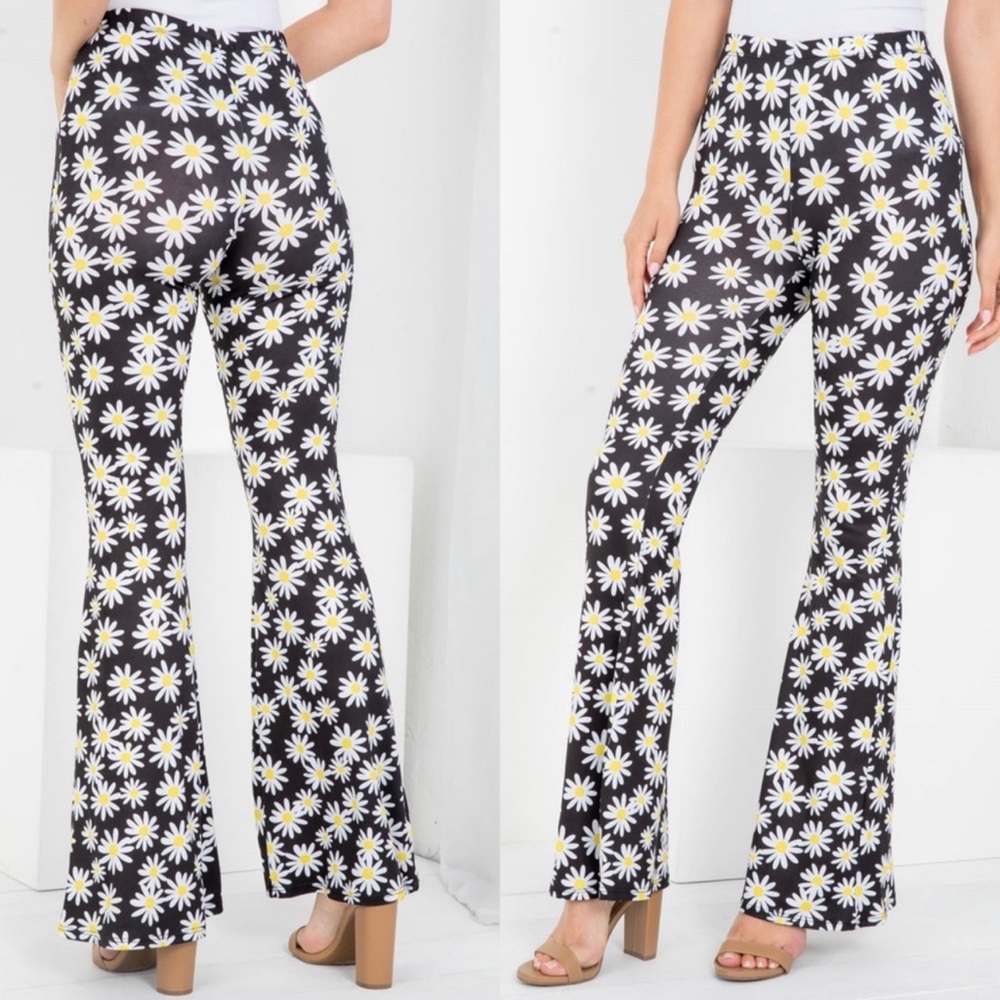 Floral Black and White Women's Bell Bottom Pants - Picture 3 of 8